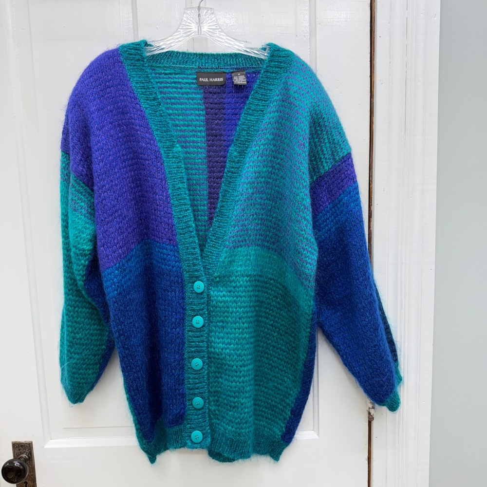 Paul Harris Vintage Mohair Blend Colorblock Cardigan Sweater Teal Purple Medium